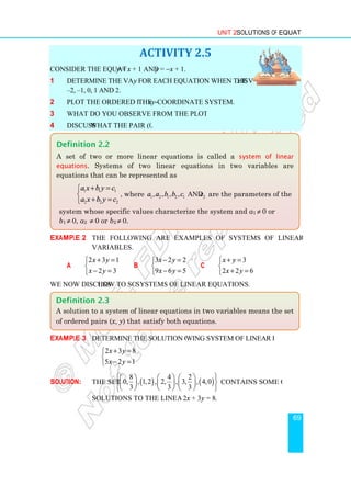Consider the equations y =
1 Determine the values of
–2, –1, 0, 1 and 2.
2 Plot the ordered pairs on
3 What do you observe from the plots of each pair?
4 Discuss what the pair (0, 1) is
Example 2 The following are examples of systems of linear equations in two
variables.
a
2 3 1
2 3
x y
x y
+ =


− =

We now discuss how to solve
Example 3 Determine the solution of the follo
2 3 8
5 2 1
x y
x y
+ =


− =

Solution: The set 0, , 1,2 , 2, , 3, , 4,0
 
     
 
     
     
 
solutions to the linear equation
Definition 2.3
A solution to a system of linear equation
of ordered pairs (x, y)
Definition 2.2
A set of two or more
equations. Systems of two linear equations in two variables are
equations that can be
1 1 1
2 2 2
a x b y c
a x b y c
+ =


+ =

, where
system whose specific values characterize the system and
b1 ≠ 0, a2 ≠ 0 or b2 ≠ 0.
Unit 2 Solutions of Equations
ACTIVITY 2.5
= x + 1 and y = −x + 1.
Determine the values of y for each equation when the value of x is
Plot the ordered pairs on the xy-coordinate system.
What do you observe from the plots of each pair?
what the pair (0, 1) is.
The following are examples of systems of linear equations in two
b
3 2 2
9 6 5
x y
x y
− =


− =

c
3
2 2 6
x y
x y
+ =


+ =

how to solve systems of linear equations.
Determine the solution of the following system of linear equations.
2 3 8
5 2 1
x y
x y
+ =
− =
( ) ( )
8 4 2
0, , 1,2 , 2, , 3, , 4,0
3 3 3
 
     
 
     
     
 
contains some of the
solutions to the linear equation 2x + 3y = 8.
A solution to a system of linear equations in two variables means the set
that satisfy both equations.
A set of two or more linear equations is called a system of linear
Systems of two linear equations in two variables are
represented as
, where 1 2 1 2 1 2
, , , , and
a a b b c c are the parameters of the
system whose specific values characterize the system and a1
0.
Solutions of Equations
69
The following are examples of systems of linear equations in two
2 2 6
wing system of linear equations.
contains some of the
in two variables means the set
system of linear
Systems of two linear equations in two variables are
are the parameters of the
1 ≠ 0 or
 