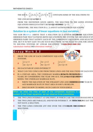 Mathematics Grade 9
70
The set ( ) ( )
1 9 19
0, , 1,2 , 2, , 3,7 4,
2 2 2
 
     
−
 
     
     
 
contains some of the solutions to
the linear equation 5x – 2y = 1.
From the definition given above, the solution to the given system of linear
equations should satisfy both equations 2x + 3y = 8 and 5x – 2y = 1.
Therefore, the solution is (1, 2) and it satisfies both equations.
Solution to a system of linear equations in two variables
You saw in Example 3 above that a solution to a system of linear equations is an
ordered pair that satisfies both equations in the system. We obtained it by listing some
ordered pairs that satisfy each of the component equations and selecting the common
one. But it is not easy to list such solutions. So we need to look for another approach
to solving systems of linear equations. These include the graphical method,
substitution method and elimination method.
G r o u p W o r k 2 .
G r o u p W o r k 2 .
G r o u p W o r k 2 .
G r o u p W o r k 2 . 2
2
2
2
1 Draw the line of each component equation in the following
systems.
a
1
2 2 4
x y
x y
+ =


− =

b
2 2
4 2 5
x y
x y
− =


− =

c
3
2 2 6
x y
x y
+ =


+ =

2 Do each pair of lines intersect?
3 What can you conclude from these lines and the solutions of each system?
4 In a certain area, the underage marriage rate decreases from 5% to 0.05% in 12
years. By considering the year 1990 as 0, the linear equation y = mx + b is used to
model the underage marriage rate.
a Write the equation of the straight line and determine the year in which under
age marriage rate in that area is 0.001% or below.
b Discuss how to model such cases in your kebele.
When we draw the lines of each of the component equations in a
When we draw the lines of each of the component equations in a
When we draw the lines of each of the component equations in a
When we draw the lines of each of the component equations in a
system of two linear equations,
system of two linear equations,
system of two linear equations,
system of two linear equations, we can observe
we can observe
we can observe
we can observe three possibilities.
three possibilities.
three possibilities.
three possibilities.
1 The two lines intersect at one point, in which case the system has one solution.
2 The two lines are parallel and never intersect. In this case, we say the system does
not have a solution.
3 The two lines coincide (fit one over the other). In this case, there are infinite
solutions.
 