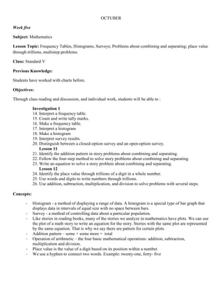 OCTUBER

Week five

Subject: Mathematics

Lesson Topic: Frequency Tables, Histograms, Surveys; Problems about combining and separating; place value
through trillions, multistep problems.

Class: Standard V

Previous Knowledge:

Students have worked with charts before.

Objectives:

Through class reading and discussion, and individual work, students will be able to :

            Investigation 1
            14. Interpret a frequency table.
            15. Count and write tally marks.
            16. Make a frequency table.
            17. Interpret a histogram
            18. Make a histogram
            19. Interpret survey results.
            20. Distinguish between a closed-option survey and an open-option survey.
                Lesson 11
            21. Identify the addition pattern in story problems about combining and separating.
            22. Follow the four-step method to solve story problems about combining and separating.
            23. Write an equation to solve a story problem about combining and separating.
                Lesson 12
            24. Identify the place value through trillions of a digit in a whole number.
            25. Use words and digits to write numbers through trillions.
            26. Use addition, subtraction, multiplication, and division to solve problems with several steps.

Concepts:

       -    Histogram - a method of displaying a range of data. A histogram is a special type of bar graph that
            displays data in intervals of equal size with no space between bars.
       -    Survey - a method of controlling data about a particular population.
       -    Like stories in reading books, many of the stories we analyze in mathematics have plots. We can use
            the plot of a math story to write an equation for the story. Stories with the same plot are represented
            by the same equation. That is why we say there are pattern for certain plots.
       -    Addition pattern – some + some more = total
       -    Operation of arithmetic – the four basic mathematical operations: addition, subtraction,
            multiplication and division.
       -    Place value is the value of a digit based on its position within a number.
       -    We use a hyphen to connect two words. Example: twenty-one, forty- five
 