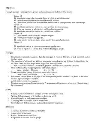 Objectives:

Through research, viewing pictures, project and class discussion students will be able to:

             Lesson 12
             14. Identify the place value through trillions of a digit in a whole number.
             15. Use words and digits to write numbers through trillions.
             16. Use addition, subtraction, multiplication, and division to solve problems with several steps.
             Lesson 13
             17. Identify the subtraction pattern in a story problem about comparing.
             18. Write and equation to solve a story problem about comparing.
             19. Identify the subtraction pattern in a elapsed-time problem.
             Lesson 14
             20. Use a number line to order and compare integers
             21. Identify numbers that are opposites.
             22. Use a number line to subtract a larger number from a smaller number.
             Lesson 15

             23. Identify the pattern in a story problem about equal groups.
             24. Write an equation to solve a story problem about equal groups.

Concepts:

   -      In our number system the value of a digit depends upon its position. The value of each position is called
          its place value.
   -      The operations of arithmetic are addition, subtraction, multiplication, and division. In this table we list
          the terms for the answers we get when we perform these operations.
               Sum – addition, difference – subtraction, product – multiplication, quotient – division.
   -      Story problems about comparing have a subtraction pattern.
                  Large – smaller = difference         ( L – S = D)
   -      Story problems about elapsed time contain a subtraction pattern.
                  Later – earlier = difference          ( L – E = D)
   -      In a number line the points to the right of the zero represent positive numbers. The points to the left of
          the zero represent negative numbers.
   -      Zero is neither positive nor negative.
   -      Negative numbers are used in various ways. A temperature of five degrees below zero Fahrenheit may
          be written as -50.

Skills:

   -      Reading skills as students read numbers up to the trillion place value.
   -      Writing skills as students write numbers in digits and words
   -      Comparing skills as students compare numbers.
   -      Analyzing skills as students analyze number line.
   -      Comprehension skills as students understand problem solving stories.

Attitudes:

   -      Awareness that math is used in our daily life.
   -      Appreciation for numbers.
   -      Respect for others and their ideas.
   -      Cooperation as students work in groups.
 