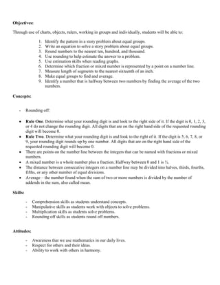 Objectives:

Through use of charts, objects, rulers, working in groups and individually, students will be able to:

                 1.   Identify the pattern in a story problem about equal groups.
                 2.   Write an equation to solve a story problem about equal groups.
                 3.   Round numbers to the nearest ten, hundred, and thousand.
                 4.   Use rounding to help estimate the answer to a problem.
                 5.   Use estimation skills when reading graphs.
                 6.   Determine which fraction or mixed number is represented by a point on a number line.
                 7.   Measure length of segments to the nearest sixteenth of an inch.
                 8.   Make equal groups to find and average.
                 9.   Identify a number that is halfway between two numbers by finding the average of the two
                      numbers.

Concepts:


   -      Rounding off:

          Rule One. Determine what your rounding digit is and look to the right side of it. If the digit is 0, 1, 2, 3,
          or 4 do not change the rounding digit. All digits that are on the right hand side of the requested rounding
          digit will become 0.
          Rule Two. Determine what your rounding digit is and look to the right of it. If the digit is 5, 6, 7, 8, or
          9, your rounding digit rounds up by one number. All digits that are on the right hand side of the
          requested rounding digit will become 0.
          There are points on the number line between the integers that can be named with fractions or mixed
          numbers.
          A mixed number is a whole number plus a fraction. Halfway between 0 and 1 is ½.
          The distance between consecutive integers on a number line may be divided into halves, thirds, fourths,
          fifths, or any other number of equal divisions.
          Average – the number found when the sum of two or more numbers is divided by the number of
          addends in the sum, also called mean.

Skills:

          -   Comprehension skills as students understand concepts.
          -   Manipulative skills as students work with objects to solve problems.
          -   Multiplication skills as students solve problems.
          -   Rounding off skills as students round off numbers.


Attitudes:

          -   Awareness that we use mathematics in our daily lives.
          -   Respect for others and their ideas.
          -   Ability to work with others in harmony.
 