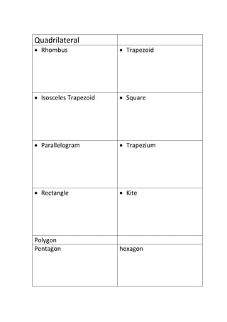 Quadrilateral
 Rhombus  Trapezoid
 Isosceles Trapezoid  Square
 Parallelogram  Trapezium
 Rectangle  Kite
Polygon
Pentagon hexagon
 
