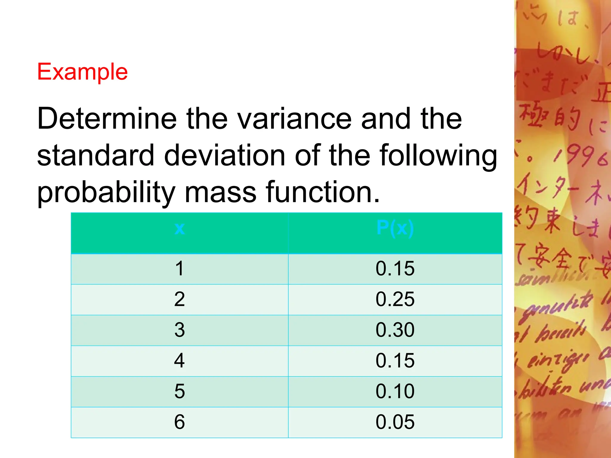 Example
Determine the variance and the
standard deviation of the following
probability mass function.
x P(x)
1 0.15
2 0.25
3 0.30
4 0.15
5 0.10
6 0.05
 