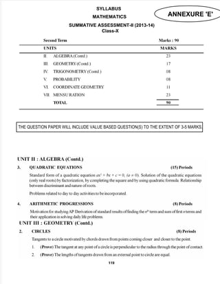 Unfiled Notes Page 9
SYLLABUS
MATHEMATICS
SUMMATIVE ASSESSMENT-II (2013-14)
Class-X
THE QUESTION PAPER WILL INCLUDE VALUE BASED QUESTION(S) TO THE EXTENT OF 3-5 MARKS.
ANNEXURE 'E'
 