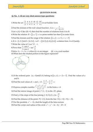 Page 54 Class XI Mathematics
SmartSkills Sanskriti School
QUESTION BANK
Q. No. 1- 42 are very short answer type questions:
1.Write the set






8
14
,
7
12
,
6
10
,
5
8
,
4
6
,
3
4
,
2
2
in set builder form.
2.Find the domain of the real valued function 2
1
( )
3 2
f x
x x
=
− +
3.Let n (A) =2 &n (B) =3, then find the number of relations from A to B.
4.Write the relation ( )
 
3
, : is a prime number less than 6
R x x x
= in roster form.
5.Find the domain and the range of the relation ( )
 
, : , 5
x y x N x y
 + =
6.     ( ) ( ) ( )
 
If 1,2,3 & 4,5,6 , is 4,2 , 1,4 , 1,6 a relation from to .
A B R A B
= = = Justify.
7.Write the value of 1
15
cos
2 2
−

.
8.Prove that
2
tan
cos
1
cos
1 2 A
A
A
=
+
−
9.Solve 5 3 3 1
x x
−  + when (i) x is an integer (ii) x is a real number
10.What does the shaded portion in the figure represent?
11.If the ordered pairs ( ) ( )
, 1 and 5,
a b
− belong to ( )
 
, : 2 3
x y y x
= − . Find the values of a
and b.
12.Find the real values of x and y if :
1 1
3 3
x y
i
i i
− −
+ =
+ −
13.Express complex number
2 4 6 7
2 3
1
i i i i
i i
+ + +
+ +
in the forma ib
+
14.Find the mirror image of point ( )
7,2, 1
− − in the ZX -plane.
15.Find y if the slope of the line joining ( ) ( )
8,11 , 2, y
− is
4
3
−
.
16.Find the distance of the point ( )
1,1
P − , from the line ( ) ( )
12 6 5 2
x y
+ = − .
17.For the parabola 2
9
x y
= − ,find the length of the latus rectum
18.Find the center and radius of the circle 2 2
4 8 45 0
x y x y
+ − − − =
 