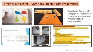 Mathematikunterricht - kompetenzorientiert und digital? (Sebastian Schmidt; www.flippedmathe.de)
Lernen durch Lehren – vom Konsumenten zum Produzenten
• Freiwilligkeit Ton und Bild
• Pädagogischer Datenschutz
• Fehlerfreie Bedienbarkeit
• Archivierung und
Einsichtnahme
Quelle: Screenshot Schülerprodukte; mebis.bayern.de
 