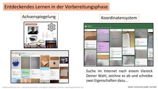 Mathematikunterricht - kompetenzorientiert und digital? (Sebastian Schmidt; www.flippedmathe.de)
Entdeckendes Lernen in der Vorbereitungsphase
Achsenspiegelung Koordinatensystem
Quelle: Screenshot padlet; YouTube
Suche im Internet nach einem Viereck
Deiner Wahl, zeichne es ab und schreibe
zwei Eigenschaften dazu…
 