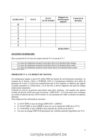 compta-excellant.be
5
ECHEANCE FLUX
FLUX
ACTUALISES
Rapport au
décaissement
initial P
Calcul de la
duration
0
1
2
3
4
5
5
DURATION :
QUESTION SUBSIDIAIRE.
Que se passerait-il si le taux de coupon était de 8 % et non de 6 % ?
Le taux de rendement actuariel serait plus élevé et la duration plus longue
Le taux de rendement actuariel serait plus élevé et la duration plus courte
Le taux de rendement actuariel serait moins élevé et la duration plus courte
Cocher la bonne réponse
PROBLEME N° 4 : LE RISQUE DE CHANGE.
Un entrepreneur anglais a reçu le 01 juillet 2008 une facture de son fournisseur australien ; le
montant de la facture s’élève à 50.000,00 AUD et l’entrepreneur bénéficie d’un délai de
paiement de 6 mois. Il craint tout naturellement que la livre anglaise se déprécie par rapport
au dollar australien et s’attend donc, s’il ne fait rien, à devoir supporter une perte de change
relativement importante.
Il décide de couvrir sa position mais hésite entre deux solutions : soit acquérir des options
d’achat sur devises AUD (avec prix d’exercice : GBP/AUD = 2,15) soit nouer avec sa banque
un contrat d’achat de devises AUD à terme. Il vous demande de l’aider à trancher cet épineux
dilemme.
Nous disposons des informations suivantes :
 Le 01/07/2008, le taux de change GBP/AUD = 2,088633
 Le 101/07/2008, le taux LIBOR 6 mois est, sur le marché des GBP, de 6,155 %
 Le 15/09/2008, le taux LIBOR 6 mois (marché des AUD) est de 8,05 %
 Les taux de change GBP/AUD présentent une volatilité annuelle (hypothèse) de 10 %.
 