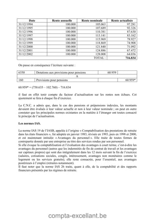 compta-excellant.be
Date Rente annuelle Rente nominale Rente actualisée
31/12/1994 100.000 105.063 97.281
31/12/1995 100.000 107.689 92.326
31/12/1996 100.000 110.381 87.630
31/12/1997 100.000 113.141 83.162
31/12/1998 100.000 115.969 78.927
31/12/1999 100.000 118.869 74.908
31/12/2000 100.000 121.840 71.092
31/12/2001 100.000 124.886 67.472
31/12/2002 100.000 128.008 64.036
TOTAL : 716.834
On passe en conséquence l’écriture suivante :
6350 Dotations aux provisions pour pensions 60.959
A
160 Provisions pour pensions 60.959*
60.959* = (758.635 – 102.760) – 716.834
il faut en effet tenir compte du facteur d’actualisation sur les rentes non échues. Cet
ajustement se fera à chaque fin d’exercice.
La C.N.C. a admis que, dans le cas des pensions et prépensions indexées, les montants
devaient être évalués à leur valeur actuelle et non à leur valeur nominale ; on peut en outre
constater que les principales normes existantes en la matière à l’étranger ont toutes consacré
le principe de l’actualisation.
Les normes IAS.
La norme IAS 19 de l’IASB, appelée à l’origine « Comptabilisation des prestations de retraite
dans les états financiers », fut adoptée en janvier 1983, révisée en 1993, puis en 1998 et 2000,
et est maintenant intitulée « Avantages du personnel ». Elle traite de toutes formes de
contrepartie donnée par une entreprise au titre des services rendus par son personnel.
Si elle évoque la comptabilisation et l’évaluation des avantages à court terme, c’est-à-dire les
avantages du personnel (autres que les indemnités de fin de contrat de travail et les avantages
sur capitaux propres) qui sont dus intégralement dans les 12 mois suivant la fin de l’exercice
(salaires, cotisations sociales, congés, intéressement, avantages non monétaires comme le
logement ou les services gratuits), elle reste consacrée, pour l’essentiel, aux avantages
postérieurs à l’emploi (retraites notamment).
Il faut noter que la norme IAS 26 traite, quant à elle, de la comptabilité et des rapports
financiers présentés par les régimes de retraite.
 
