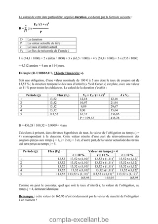 compta-excellant.be
Le calcul de cette date particulière, appelée duration, est donné par la formule suivante :
n FJ / (1 + r)J
D =  j x ---------------
j=1
P
D La duration
P La valeur actuelle du titre
r Le taux d’intérêt actuel
FJ Le flux de trésorerie de l’année J
1 x (74,1 / 1000) + 2 x (68,6 / 1000) + 3 x (63,5 / 1000) + 4 x (58,8 / 1000) + 5 x (735 / 1000)
= 4,312 années = 4 ans et 114 jours.
Exemple (R. COBBAUT, Théorie Financière »).
Soit une obligation, d’une valeur nominale de 100 € à 5 ans dont le taux de coupon est de
13,52 % ; la structure temporelle des taux d’intérêt (« Yeld Curve ») est plate, avec une valeur
de 11 % pour toutes les échéances. Le calcul de la duration s’établit :
Période (j) Flux (FJ) VJ = FJ / (1 + r)J
J x VJ
1 13,52 12,18 12,18
2 13,52 10,97 21,94
3 13,52 9,89 29,67
4 13,52 8,91 35,64
5 113,52 67,37 336,85
P = 109,32 436,28
D = 436,28 / 109,32 = 3,9909 = 4 ans
Calculons à présent, dans diverses hypothèses de taux, la valeur de l’obligation au temps (j =
4) correspondant à la duration. Cette valeur résulte d’une part du réinvestissement des
coupons perçus aux temps j = 1, j = 2 et j = 3 et, d’autre part, de la valeur actualisée du revenu
qui sera perçu au temps j = 5.
Valeur au temps j = 4Période (j) Flux (FJ)
r = 10 % r = 11 % r = 12 %
1 13,52 13,52 x (1,10)3
13,52 x (1,11)3
13,52 x (1,12)3
2 13,52 13,52 x (1,10)2
13,52 x (1,11)2
13,52 x (1,12)2
3 13,52 13,52 x (1,10)1
13,52 x (1,11)1
13,52 x (1,12)1
4 13,52 13,52 x(1,10)0
13,52 x(1,11)0
13,52 x(1,12)0
5 113,52 113,52 x (1,10)-1
113,52 x (1,11)-1
113,52 x (1,12)-1
165,95 165,95 165,95
Comme on peut le constater, quel que soit le taux d’intérêt r, la valeur de l’obligation, au
temps j = 4, demeure identique.
Remarque : cette valeur de 165,95 n’est évidemment pas la valeur de marché de l’obligation
à ce moment !
 