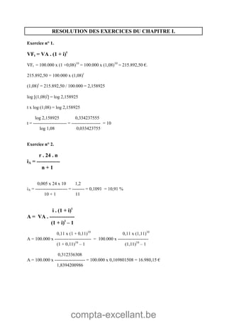compta-excellant.be
RESOLUTION DES EXERCICES DU CHAPITRE I.
Exercice n° 1.
VFt = VA . (1 + i)t
VFt = 100.000 x (1 +0,08)10
= 100.000 x (1,08)10
= 215.892,50 €.
215.892,50 = 100.000 x (1,08)t
(1,08)t
= 215.892,50 / 100.000 = 2,158925
log (1,08)t
 = log 2,158925
t x log (1,08) = log 2,158925
log 2,158925 0,334237555
t = ---------------------- = ------------------- = 10
log 1,08 0,033423755
Exercice n° 2.
r . 24 . n
iA = -------------
n + 1
0,005 x 24 x 10 1,2
iA = --------------------- = -------- = 0,1091 = 10,91 %
10 + 1 11
i . (1 + i)t
A = VA . --------------
(1 + i)t
– 1
0,11 x (1 + 0,11)10
0,11 x (1,11)10
A = 100.000 x ------------------------ = 100.000 x --------------------
(1 + 0,11)10
– 1 (1,11)10
– 1
0,312336308
A = 100.000 x -------------------- = 100.000 x 0,169801508 = 16.980,15 €
1,8394200986
 