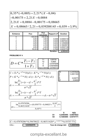 compta-excellant.be
Échéance Flux
Flux
actualisés
Rapport à P Duration
0 -100,00 € -100,00 €
1 4,85 € 4,66 € 0,0466 0,04663138
2 4,85 € 4,49 € 0,0449 0,08976203
3 4,85 € 4,32 € 0,0432 0,12958908
4 4,85 € 4,16 € 0,0416 0,16629974
5 4,85 € 4,00 € 0,0400 0,20007188
5 95,00 € 78,46 € 0,7846 3,92297799
Duration : 4,5553321
PROBLEME N° 4
T1 0,06155
T2 0,0805
C 0,47878206
D -0,00436093
Taux à terme 0,47442112
S0 0,47878206
K 0,46511628
T 1
R 0,030775
Rf 0,04025
0,02895807
-0,004475
0,02448307
0,24483065 0,02895807
-0,004475
0,02448307
0,24483065
D N(D)
D1 0,24483065 0,59670622
D2 0,14483065 0,55757771
CALL : 0,022942578 0,48805886Taux de change réel :
0,35*( 0,005) 2,21*( 0,04)
0,00175 2,21 0,0884
2,21 0,0884 0,00175 0,08665
0,08665 / 2,21 0,039208145 0,039 3,9%
X
X
X
X
  
  
  
   
1 2
2
*
1
T T
D C
T



0 1 2
2 0 1
2
0
1
2
0
2 1
* * ( ) * * ( )
* * ( ) * * ( )
ln( ) ( )*
2
*
ln( ) ( )*
2 *
*
rfT rT
rT rfT
C S N d K N de e
P K N d S N de e
S
r rf T
Kd
T
S
r rf T
Kd d T
T





 
 
 
   
  

  
  
2
0,47878206 0,10
ln( ) (0,030775 0,04025 )*1
0,46511628 2
1
0,10*1
D
  

0,030775
0,47878206*0,59670622 0,46511628* *0,55757 771C e

 
 