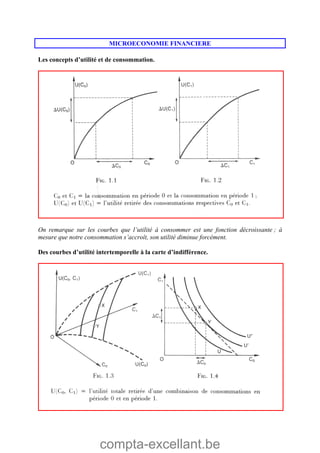 compta-excellant.be
MICROECONOMIE FINANCIERE
Les concepts d’utilité et de consommation.
On remarque sur les courbes que l’utilité à consommer est une fonction décroissante ; à
mesure que notre consommation s’accroît, son utilité diminue forcément.
Des courbes d’utilité intertemporelle à la carte d’indifférence.
 