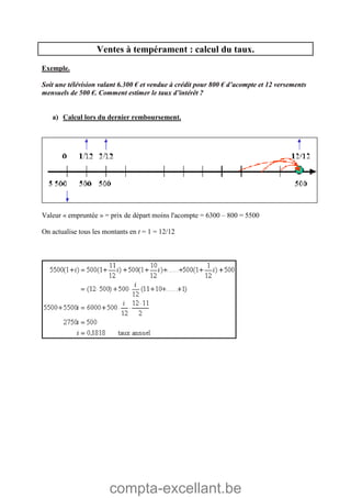 compta-excellant.be
Ventes à tempérament : calcul du taux.
Exemple.
Soit une télévision valant 6.300 € et vendue à crédit pour 800 € d’acompte et 12 versements
mensuels de 500 €. Comment estimer le taux d’intérêt ?
a) Calcul lors du dernier remboursement.
Valeur « empruntée » = prix de départ moins l'acompte = 6300 – 800 = 5500
On actualise tous les montants en t = 1 = 12/12
 