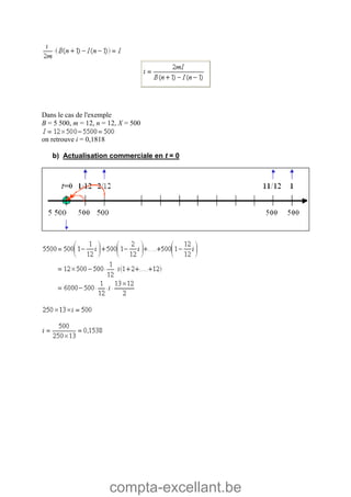 compta-excellant.be
Dans le cas de l'exemple
B = 5 500, m = 12, n = 12, X = 500
on retrouve i = 0,1818
b) Actualisation commerciale en t = 0
 