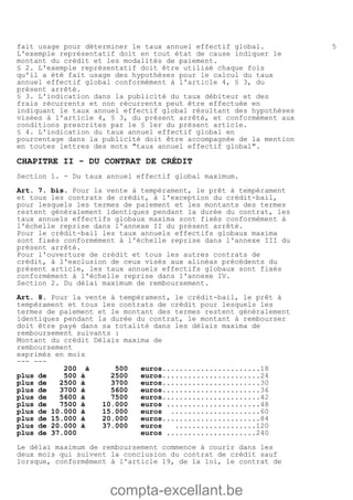 compta-excellant.be
5fait usage pour déterminer le taux annuel effectif global.
L'exemple représentatif doit en tout état de cause indiquer le
montant du crédit et les modalités de paiement.
§ 2. L'exemple représentatif doit être utilisé chaque fois
qu'il a été fait usage des hypothèses pour le calcul du taux
annuel effectif global conformément à l'article 4, § 3, du
présent arrêté.
§ 3. L'indication dans la publicité du taux débiteur et des
frais récurrents et non récurrents peut être effectuée en
indiquant le taux annuel effectif global résultant des hypothèses
visées à l'article 4, § 3, du présent arrêté, et conformément aux
conditions prescrites par le § 1er du présent article.
§ 4. L'indication du taux annuel effectif global en
pourcentage dans la publicité doit être accompagnée de la mention
en toutes lettres des mots "taux annuel effectif global".
CHAPITRE II - DU CONTRAT DE CRÉDIT
Section 1. - Du taux annuel effectif global maximum.
Art. 7. bis. Pour la vente à tempérament, le prêt à tempérament
et tous les contrats de crédit, à l'exception du crédit-bail,
pour lesquels les termes de paiement et les montants des termes
restent généralement identiques pendant la durée du contrat, les
taux annuels effectifs globaux maxima sont fixés conformément à
l'échelle reprise dans l'annexe II du présent arrêté.
Pour le crédit-bail les taux annuels effectifs globaux maxima
sont fixés conformément à l'échelle reprise dans l'annexe III du
présent arrêté.
Pour l'ouverture de crédit et tous les autres contrats de
crédit, à l'exclusion de ceux visés aux alinéas précédents du
présent article, les taux annuels effectifs globaux sont fixés
conformément à l'échelle reprise dans l'annexe IV.
Section 2. Du délai maximum de remboursement.
Art. 8. Pour la vente à tempérament, le crédit-bail, le prêt à
tempérament et tous les contrats de crédit pour lesquels les
termes de paiement et le montant des termes restent généralement
identiques pendant la durée du contrat, le montant à rembourser
doit être payé dans sa totalité dans les délais maxima de
remboursement suivants :
Montant du crédit Délais maxima de
remboursement
exprimés en mois
--- ---
200 à 500 euros.......................18
plus de 500 à 2500 euros.......................24
plus de 2500 à 3700 euros.......................30
plus de 3700 à 5600 euros.......................36
plus de 5600 à 7500 euros.......................42
plus de 7500 à 10.000 euros ......................48
plus de 10.000 à 15.000 euros .....................60
plus de 15.000 à 20.000 euros.......................84
plus de 20.000 à 37.000 euros ...................120
plus de 37.000 euros .....................240
Le délai maximum de remboursement commence à courir dans les
deux mois qui suivent la conclusion du contrat de crédit sauf
lorsque, conformément à l'article 19, de la loi, le contrat de
 