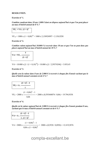compta-excellant.be
RESOLUTION.
Exercice n° 1.
Combien vaudront dans 10 ans 1.000 € dont on dispose aujourd’hui et que l’on peut placer
au taux d’intérêt annuel de 8 % ?
VFt = VA . (1 + i)t
VF10 = 1000 x (1 + 0,08)10
= 1000 x 2,158924997 = 2.158,9250
Exercice n° 2.
Combien valent aujourd’hui 10.000 € à recevoir dans 10 ans et que l’on ne peut donc pas
placer aujourd’hui au taux d’intérêt annuel de 10 % ?
1
VA = VFt . ------------
(1 + i)t
VA = 10.000 x 1 / (1 + 0,10)10
 = 10.000 x 1 / 2,59374246 = 3.855,43
Exercice n° 3.
Quelle sera la valeur dans 8 ans de 2.000 € à recevoir à chaque fin d’année sachant que le
taux d’intérêt annuel constant est de 6 % ?
(1 + i)t
– 1
VFt = A . --------------
i
(1 + 0,06)8
– 1
VF8 = 2000 x ------------------ = 2000 x (0,593848074 / 0,06) = 19.794,9358
0,06
Exercice n° 4.
Quelle est la valeur aujourd’hui de 2.000 € à recevoir à chaque fin d’année pendant 8 ans,
sachant que le taux d’intérêt annuel constant est de 6 % ?
(1 + i)t
– 1
VA = A . --------------
i . (1 + i)t
(1 + 0,06)8
– 1
VA = 2000 x ----------------------- = 2000 x (0,5938 / 0,0956) = 12.419,5876
0,06 x (1 + 0,06)8
 