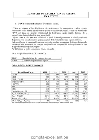 compta-excellant.be
LA MESURE DE LA CREATION DE VALEUR
EVA ET FCF
1. L’EVA comme indicateur de création de valeur.
L’EVA se propose d’être l’indicateur de performance du management ; selon certains
consultants, « elle permet de mesurer la qualité de l’équipe en place ». Selon ses promoteurs,
l’EVA est égale au résultat opérationnel de l’entreprise après impôts diminué de la
rémunération du capital utilisé pour son activité.
Déjà en 1890, A. MARSHALL définissait le profit économique comme le bénéfice qui reste
disponible pour les actionnaires après déduction de la rémunération du capital employé.
Cela signifie que la valeur créée par une entreprise pendant une période de temps doit prendre
en compte non seulement les charges enregistrées en comptabilité mais également le coût
d’opportunité des capitaux propres.
Par définition, le profit économique (EVA) est égal à :
EVA = capital investi x (ROIC – WACC)
ROIC Rentabilité sur les capitaux investis
WACC Coût moyen pondéré du capital
Calcul de l’EVA de MGX Systems SA.
En millions Euros 1998 1999 2000 2001 2002
CAHT 2.300 2.490 2.642 2.760 2.980
EBIT 300 336 370 400 431
EBIT / CAHT 13 % 13,5 % 14 % 14,5 % 14,5 %
Impôt sur EBIT 120 134 148 160 172
NOPATt 180 202 222 240 259
AIN 700 771 795 831 888
BFR 370 350 380 415 455
Capital investi : CIt 1.070 1.121 1.175 1.246 1.343
Re,t = NOPATt / CIt–1 18,0 % 18,9 ù 19,8 % 20,4 % 20,8 %
Rp,t = WACC 10 % 10 % 10 % 10 % 10 %
Spread = Re,t – Rp,t 8,0 % 8,9 % 9,8 % 10,4 % 10,8 %
EVAt = (Re,t – Rp,t) CIt–1 80 95 110 122 134
Note : montant des capitaux investis en 1997 = 1.000 millions Euros (600 millions d’AIN et 400 millions de BFR)
 