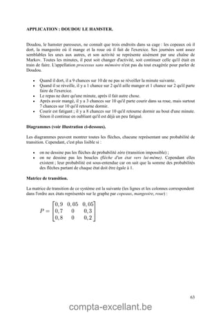 compta-excellant.be
63
APPLICATION : DOUDOU LE HAMSTER.
Doudou, le hamster paresseux, ne connaît que trois endroits dans sa cage : les copeaux où il
dort, la mangeoire où il mange et la roue où il fait de l'exercice. Ses journées sont assez
semblables les unes aux autres, et son activité se représente aisément par une chaîne de
Markov. Toutes les minutes, il peut soit changer d'activité, soit continuer celle qu'il était en
train de faire. L'appellation processus sans mémoire n'est pas du tout exagérée pour parler de
Doudou.
 Quand il dort, il a 9 chances sur 10 de ne pas se réveiller la minute suivante.
 Quand il se réveille, il y a 1 chance sur 2 qu'il aille manger et 1 chance sur 2 qu'il parte
faire de l'exercice.
 Le repas ne dure qu'une minute, après il fait autre chose.
 Après avoir mangé, il y a 3 chances sur 10 qu'il parte courir dans sa roue, mais surtout
7 chances sur 10 qu'il retourne dormir.
 Courir est fatigant ; il y a 8 chances sur 10 qu'il retourne dormir au bout d'une minute.
Sinon il continue en oubliant qu'il est déjà un peu fatigué.
Diagrammes (voir illustration ci-dessous).
Les diagrammes peuvent montrer toutes les flèches, chacune représentant une probabilité de
transition. Cependant, c'est plus lisible si :
 on ne dessine pas les flèches de probabilité zéro (transition impossible) ;
 on ne dessine pas les boucles (flèche d'un état vers lui-même). Cependant elles
existent ; leur probabilité est sous-entendue car on sait que la somme des probabilités
des flèches partant de chaque état doit être égale à 1.
Matrice de transition.
La matrice de transition de ce système est la suivante (les lignes et les colonnes correspondent
dans l'ordre aux états représentés sur le graphe par copeaux, mangeoire, roue) :
 