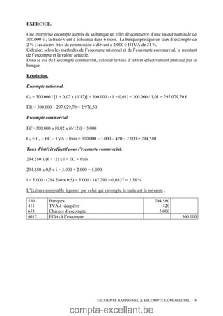 compta-excellant.be
ESCOMPTE RATIONNEL & ESCOMPTE COMMERCIAL 8
EXERCICE.
Une entreprise escompte auprès de sa banque un effet de commerce d’une valeur nominale de
300.000 € ; la traite vient à échéance dans 6 mois. La banque pratique un taux d’escompte de
2 % ; les divers frais de commission s’élèvent à 2.000 € HTVA de 21 %.
Calculer, selon les méthodes de l’escompte rationnel et de l’escompte commercial, le montant
de l’escompte et la valeur actuelle.
Dans le cas de l’escompte commercial, calculer le taux d’intérêt effectivement pratiqué par la
banque.
Résolution.
Escompte rationnel.
C0 = 300.000 / 1 + 0,02 x (6/12) = 300.000 / (1 + 0,01) = 300.000 / 1,01 = 297.029,70 €
ER = 300.000 – 297.029,70 = 2.970,30
Escompte commercial.
EC =300.000 x 0,02 x (6/12) = 3.000
C0 = Cn – EC – TVA – frais = 300.000 – 3.000 – 420 – 2.000 = 294.580
Taux d’intérêt effectif pour l’escompte commercial.
294.580 x (6 / 12) x i = EC + frais
294.580 x 0,5 x i = 3.000 + 2.000 = 5.000
i = 5.000 / (294.580 x 0,5) = 5.000 / 147.290 = 0,0337 = 3,38 %
L’écriture comptable à passer par celui qui escompte la traite est la suivante :
550
411
653
Banques
TVA à récupérer
Charges d’escompte
294.580
420
5.000
4012 Effets à l’escompte 300.000
 