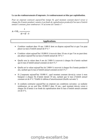 compta-excellant.be
Le cas des remboursements d’emprunts : le remboursement en bloc par capitalisation.
Pour un emprunt contracté aujourd’hui (temps 0), quel montant constant faut-il verser à
chaque fin d’année pendant t années à un fonds de capitalisation productif d’un taux d’intérêt
annuel i constant, pour rembourser 1 € au terme de l’année t ?
i
A = VFt . ---------------
(1 + i)t
– 1
Applications.
 Combien vaudront dans 10 ans 1.000 € dont on dispose aujourd’hui et que l’on peut
placer au taux d’intérêt annuel de 8 % ?
 Combien valent aujourd’hui 10.000 € à recevoir dans 10 ans et que l’on ne peut donc
pas placer aujourd’hui au taux d’intérêt annuel de 10 % ?
 Quelle sera la valeur dans 8 ans de 2.000 € à recevoir à chaque fin d’année sachant
que le taux d’intérêt annuel constant est de 6 % ?
 Quelle est la valeur aujourd’hui de 2.000 € à recevoir à chaque fin d’année pendant 8
ans, sachant que le taux d’intérêt annuel constant est de 6 % ?
 Si j’emprunte aujourd’hui 10.000 € ; quel montant constant devrai-je verser à mon
banquier à chaque fin d’année durant 10 ans, sachant que le taux d’intérêt annuel
constant est de 8 % ? Etablir le tableau d’amortissement (feuille suivante !)
 Je souhaite contracter aujourd’hui un emprunt aux conditions suivantes : je souhaite
rembourser, en un seul bloc 20.000 € dans 10 ans ; quel montant dois-je verser à
chaque fin d’année à un fonds de capitalisation dont le taux d’intérêt annuel constant
est de 6 %.
 