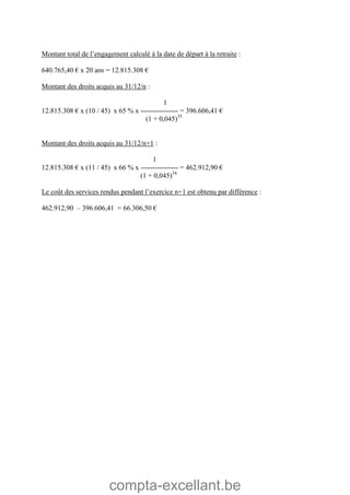 compta-excellant.be
Montant total de l’engagement calculé à la date de départ à la retraite :
640.765,40 € x 20 ans = 12.815.308 €
Montant des droits acquis au 31/12/n :
1
12.815.308 € x (10 / 45) x 65 % x ---------------- = 396.606,41 €
(1 + 0,045)35
Montant des droits acquis au 31/12/n+1 :
1
12.815.308 € x (11 / 45) x 66 % x ---------------- = 462.912,90 €
(1 + 0,045)34
Le coût des services rendus pendant l’exercice n+1 est obtenu par différence :
462.912,90 – 396.606,41 = 66.306,50 €
 