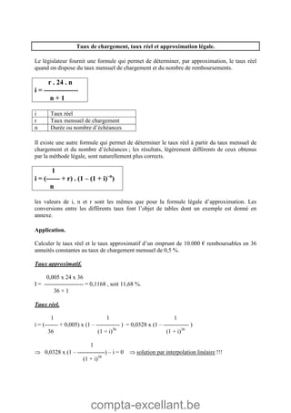 compta-excellant.be
Taux de chargement, taux réel et approximation légale.
Le législateur fournit une formule qui permet de déterminer, par approximation, le taux réel
quand on dispose du taux mensuel de chargement et du nombre de remboursements.
r . 24 . n
i = ---------------
n + 1
i Taux réel
r Taux mensuel de chargement
n Durée ou nombre d’échéances
Il existe une autre formule qui permet de déterminer le taux réel à partir du taux mensuel de
chargement et du nombre d’échéances ; les résultats, légèrement différents de ceux obtenus
par la méthode légale, sont naturellement plus corrects.
1
i = (------ + r) . (1 – (1 + i)–n
)
n
les valeurs de i, n et r sont les mêmes que pour la formule légale d’approximation. Les
conversions entre les différents taux font l’objet de tables dont un exemple est donné en
annexe.
Application.
Calculer le taux réel et le taux approximatif d’un emprunt de 10.000 € remboursables en 36
annuités constantes au taux de chargement mensuel de 0,5 %.
Taux approximatif.
0,005 x 24 x 36
I = -------------------- = 0,1168 , soit 11,68 %.
36 + 1
Taux réel.
1 1 1
i = (------- + 0,005) x (1 – ------------ ) = 0,0328 x (1 – ------------- )
36 (1 + i)36
(1 + i)36
1
 0,0328 x (1 – --------------) – i = 0  solution par interpolation linéaire !!!
(1 + i)36
 