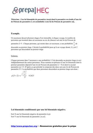 Théorème : Une loi binomiale de paramètre (m,α) dont le paramètre m résulte d’une loi
de Poisson de paramètre λ est assimilable à une loi de Poisson de paramètre αλ.




Exemple.
Un ascenseur dessert plusieurs étages d’un immeuble, à chaque voyage, le nombre de
personnes qui montent dans cet ascenseur au rez de chaussé suit une loi de Poisson de
                                                                                   1
paramètre λ=5 . Chaque personne, qui monte dans cet ascenseur, a une probabilité de
                                                                                   3
descendre au premier étage. Calculer la probabilité pour qu’à un voyage donné, il y ait 2
personnes qui descendent au premier étage.


Solution.

Chaque personne dans l’ascenseur a une probabilité 1/3 de descendre au premier étage et ceci
indépendamment des autres personnes. Nous sommes en présence d’une loi binomiale dont le
premier paramètre dépend d’une loi de Poisson (de paramètre λ = 5) et dont le second
paramètre est 1/3. D’après ce qui précède la composée des deux sera une loi de Poisson de
paramètre 5/3. La probabilité que deux personnes descendent au premier étage sera donc :
                       2
                   5
                 5  
 p ( Z = 2) = e 3  
               −    3
                         0.2623
                    2!




Loi binomiale conditionnée par une loi binomiale négative.
Soit X une loi binomiale négative de paramètre (r,p).
Soit Y une loi binomiale de paramètre ( m,α ) .




http://www.prepa-hec.org / - Ressources gratuites pour la prépa
 