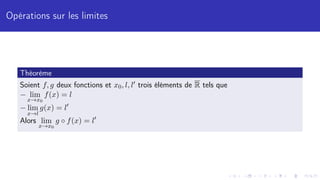 Opérations sur les limites
Théorème
Soient f, g deux fonctions et x0, l, l0 trois éléments de R tels que
− lim
x→x0
f(x) = l
− lim
x→l
g(x) = l0
Alors lim
x→x0
g ◦ f(x) = l0
 