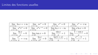 Limites des fonctions usuelles
lim
x→+∞
ln x = +∞ lim
x→−∞
xex
= 0 lim
x→−∞
ex
= 0 lim
x→+∞
ex
= +∞
lim
x→−∞
xn
ex
= 0 lim
x→+∞
xn
e−x
= 0 lim
x→0
ln x = −∞ lim
x→0
x ln x = 0
lim
x→+∞
ln x
x
= 0 lim
x→0
tan x = 0 lim
x→0
sin x
x
= 1 lim
x→0
1 − cos x
x
= 0
lim
x→+∞
ex
x
= +∞ lim
x→+∞
ln x
xn
= 0 lim
x→0
ln(1 + x)
x
= 1 lim
x→0
ex − 1
x
= 1
 