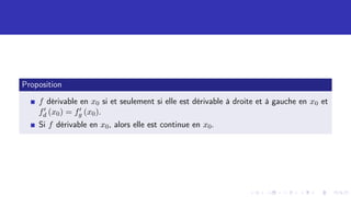 Proposition
f dérivable en x0 si et seulement si elle est dérivable à droite et à gauche en x0 et
f0
d (x0) = f0
g (x0).
Si f dérivable en x0, alors elle est continue en x0.
 