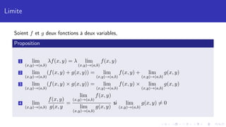 Limite
Soient f et g deux fonctions à deux variables,
Proposition
1 lim
(x,y)→(a,b)
λf(x, y) = λ lim
(x,y)→(a,b)
f(x, y)
2 lim
(x,y)→(a,b)
(f(x, y) + g(x, y)) = lim
(x,y)→(a,b)
f(x, y) + lim
(x,y)→(a,b)
g(x, y)
3 lim
(x,y)→(a,b)
(f(x, y) × g(x, y)) = lim
(x,y)→(a,b)
f(x, y) × lim
(x,y)→(a,b)
g(x, y)
4 lim
(x,y)→(a,b)
f(x, y)
g(x, y
=
lim
(x,y)→(a,b)
f(x, y)
lim
(x,y)→(a,b)
g(x, y)
si lim
(x,y)→(a,b)
g(x, y) 6= 0
 
