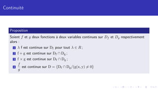 Continuité
Proposition
Soient f et g deux fonctions à deux variables continues sur Df et Dg respectivement
alors :
1 λ f est continue sur Df pour tout λ ∈ R ;
2 f + g est continue sur Df ∩ Dg ;
3 f × g est continue sur Df ∩ Dg ;
4
f
g
est continue sur D = {Df ∩ Dg/(g(x, y) 6= 0}
 