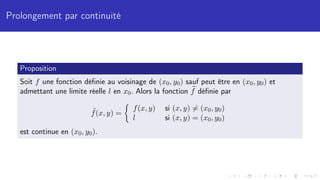 Prolongement par continuité
Proposition
Soit f une fonction définie au voisinage de (x0, y0) sauf peut être en (x0, y0) et
admettant une limite réelle l en x0. Alors la fonction e
f définie par
˜
f(x, y) =

f(x, y) si (x, y) 6= (x0, y0)
l si (x, y) = (x0, y0)
est continue en (x0, y0).
 