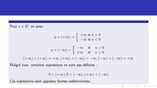 Pour a ∈ R∗ on pose :
a × (+∞) =

+∞ si a  0
−∞ si a  0
a × (−∞) =

−∞ si a  0
+∞ si a  0
(+∞) × (+∞) = +∞, (+∞) × (−∞) = −∞, (−∞) × (−∞) = +∞
Malgré tout, certaines expressions ne sont pas définies :
0 × (+∞), 0 × (−∞), (+∞) + (−∞)
Ces expressions sont appelées formes indéterminées.
 