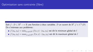 Optimisation sans contrainte (libre)
Soit f : D ⊂ R2 −→ R une fonction à deux variables. D un ouvert de R2, f ∈ C1(D)
On s’intéresse aux problèmes :
f (x0, y0) = min(x,y)∈R2 f(x, y) · (x0, y0) est dit le minimum global de f
f (x0, y0) = max(x,y)∈R2 f(x, y) · (x0, y0) est dit le maximum global de f
 