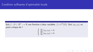 Condition suffisante d’optimalité locale
Soit f : D ⊂ R2 −→ R une fonction à deux variables. f ∈ C2(D). Soit (x0, y0) un
point critique de f (
∂f
∂x (x0, y0) = 0
∂f
∂y (x0, y0) = 0
 