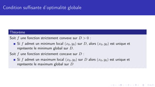 Condition suffisante d’optimalité globale
Théorème
Soit f une fonction strictement convexe sur D  0 :
Si f admet un minimum local (x0, y0) sur D, alors (x0, y0) est unique et
représente le minimum global sur D.
Soit f une fonction strictement concave sur D :
Si f admet un maximum local (x0, y0) sur D alors (x0, y0) est unique et
représente le maximum global sur D
 