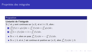 Propriétés des intégrales
Proposition
Linéarité de l’intégrale
Si f et g sont continues sur [a; b], et si λ ∈ R, alors :
1
R b
a [f(x) + g(x)]dx =
R b
a f(x)dx +
R b
a g(x)dx ;
2
R b
a [λ × f(x)]dx = λ ×
R b
a f(x)dx.
Si a  b, alors on pose
R b
a f(x)dx = −
R a
b f(x)dx.
Si a ≤ b, et si f est continue et positive sur [a; b], alors
R b
a f(x)dx ≥ 0.
 