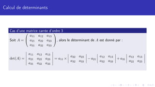 Calcul de déterminants
Cas d’une matrice carrée d’ordre 3
Soit A =


a11 a12 a13
a21 a22 a23
a31 a32 a33

, alors le déterminant de A est donné par :
det(A) =
a11 a12 a13
a21 a22 a23
a31 a32 a33
= a11 ×
a22 a23
a32 a33
− a21
a12 a13
a32 a33
+ a31
a12 a13
a22 a23
 