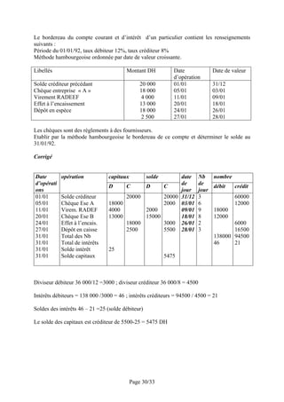 Le bordereau du compte courant et d’intérêt d’un particulier contient les renseignements
suivants :
Période du 01/01/92, taux débiteur 12%, taux créditeur 8%
Méthode hambourgeoise ordonnée par date de valeur croissante.

Libellés                                Montant DH            Date              Date de valeur
                                                              d’opération
Solde créditeur précédant                      20 000         01/01             31/12
Chèque entreprise « A »                        18 000         05/01             03/01
Virement RADEEF                                 4 000         11/01             09/01
Effet à l’encaissement                         13 000         20/01             18/01
Dépôt en espèce                                18 000         24/01             26/01
                                                2 500         27/01             28/01

Les chèques sont des règlements à des fournisseurs.
Etablir par la méthode hambourgeoise le bordereau de ce compte et déterminer le solde au
31/01/92.

Corrigé


Date        opération           capitaux           soldedate             Nb     nombre
d’opérati                                               de               de
                                D     C     D     C                             débit    crédit
ons                                                     jour             jour
01/01       Solde créditeur           20000       20000 31/12            3               60000
05/01       Chèque Ese A        18000             2000 03/01             6               12000
11/01       Virem. RADEF        4000        2000        09/01            9      18000
20/01       Chèque Ese B        13000       15000       18/01            8      12000
24/01       Effet à l’encais.         18000       3000 26/01             2             6000
27/01       Dépôt en caisse           2500        5500 28/01             3             16500
31/01       Total des Nb                                                        138000 94500
31/01       Total de intérêts                                                   46     21
31/01       Solde intérêt       25
31/01       Solde capitaux                                 5475



Diviseur débiteur 36 000/12 =3000 ; diviseur créditeur 36 000/8 = 4500

Intérêts débiteurs = 138 000 /3000 = 46 ; intérêts créditeurs = 94500 / 4500 = 21

Soldes des intérêts 46 – 21 =25 (solde débiteur)

Le solde des capitaux est créditeur de 5500-25 = 5475 DH




                                           Page 30/33
 