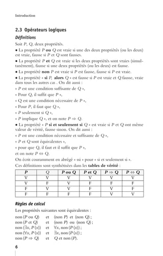 Introduction


2.3 Opérateurs logiques
Déﬁnitions
Soit P, Q, deux propriétés.
• La propriété P ou Q est vraie si une des deux propriétés (ou les deux)
est vraie, fausse si P et Q sont fausses.
• La propriété P et Q est vraie si les deux propriétés sont vraies (simul-
tanément), fausse si une deux propriétés (ou les deux) est fausse.
• La propriété non P est vraie si P est fausse, fausse si P est vraie.
• La propriété « si P, alors Q » est fausse si P est vraie et Q fausse, vraie
dans tous les autres cas . On dit aussi :
« P est une condition sufﬁsante de Q »,
« Pour Q, il sufﬁt que P »,
« Q est une condition nécessaire de P »,
« Pour P, il faut que Q »,
« P seulement si Q »,
« P implique Q », et on note P ⇒ Q.
• La propriété « P si et seulement si Q » est vraie si P et Q ont même
valeur de vérité, fausse sinon. On dit aussi :
« P est une condition nécessaire et sufﬁsante de Q »,
« P et Q sont équivalentes »,
« pour que Q, il faut et il sufﬁt que P »,
et on note P ⇔ Q.
On écrit couramment en abrégé « ssi » pour « si et seulement si ».
Ces déﬁnitions sont synthétisées dans les tables de vérité :
      P             Q        P ou Q       P et Q      P⇒Q         P⇔Q
      V             V           V           V            V            V
      V             F           V           F            F             F
      F             V           V           F            V             F
      F             F           F           F            V            V

Règles de calcul
Les propriétés suivantes sont équivalentes :
non (P ou Q) et (non P) et (non Q) ;
non (P et Q)      et (non P) ou (non Q) ;
non (∃x, P (x)) et ∀x, non (P (x)) ;
non (∀x, P (x)) et ∃x, non (P (x)) ;
non (P ⇒ Q)       et Q et non (P).
6
 