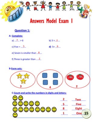 15 
Answers Model Exam 1 
Question 1: 
A- Complete: 
a) ……… > 6 b) 3 >……… 
c) Five = ……… d) 5< ……… 
e) Seven is smaller than ……… 
f) Three is greater than ……… 
B-Form sets: 
C-Count and write the numbers in digits and letters: 
………… …………………… 
………… …………………… 
………… …………………… 
………… …………………… 
7 
8 
2 
6 
5 
2 
3 
4 
2 
2 
Two 
5 
Five 
8 
Eight 
1 
One  