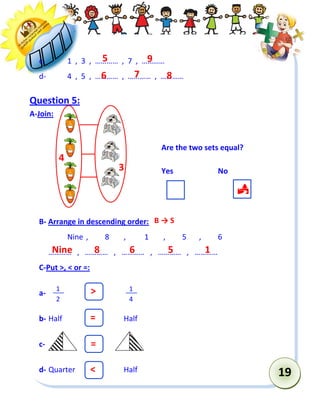 19 
c- 1 , 3 , ………… , 7 , ………… 
d- 4 , 5 , ………… , ………… , ………… 
Question 5: 
A-Join: 
Are the two sets equal? 
Yes No 
B- Arrange in descending order: 
Nine , 8 , 1 , 5 , 6 
………… , ………… , ………… , ………… , ………… 
C-Put >, < or =: 
a- 
b- Half Half 
c- 
d- Quarter Half 
1 
2 
1 
4 
6 
7 
8 
5 
9 
3 
4 
 
> 
= 
= 
< 
Nine 
8 
6 
5 
1 
B → S  
