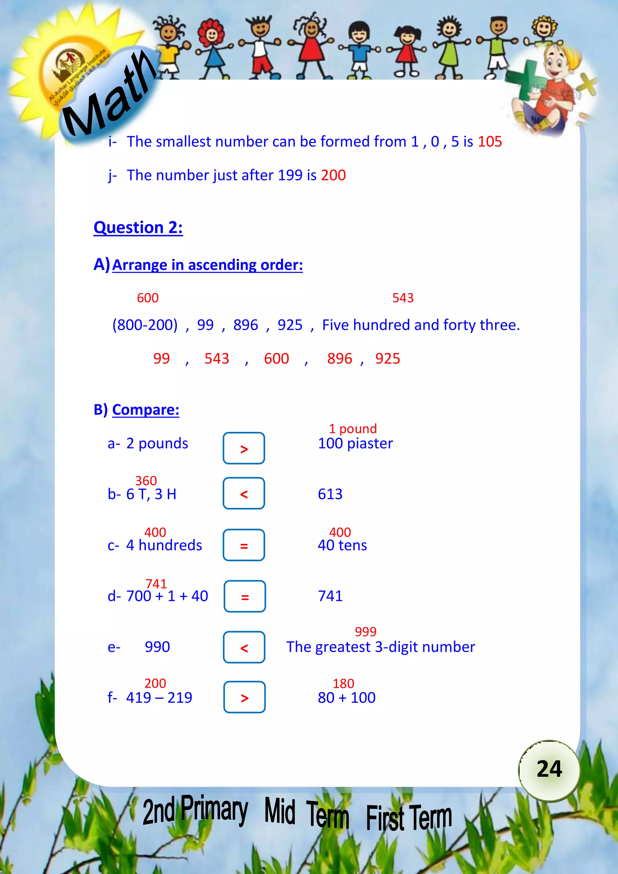 24 
i- The smallest number can be formed from 1 , 0 , 5 is 105 
j- The number just after 199 is 200 
Question 2: 
A) Arrange in ascending order: 
600 543 
(800-200) , 99 , 896 , 925 , Five hundred and forty three. 
99 , 543 , 600 , 896 , 925 
B) Compare: 
1 pound 
a- 2 pounds 100 piaster 
> 
b- 6 T, 3 H < 
613 
c- 4 hundreds 40 tens 
741 
= 
d- 700 + 1 + 40 741 
999 
= 
e- 990 The greatest 3-digit number 
< 
200 180 
f- 419 – 219 80 + 100 
> 
360 
400 400 
 