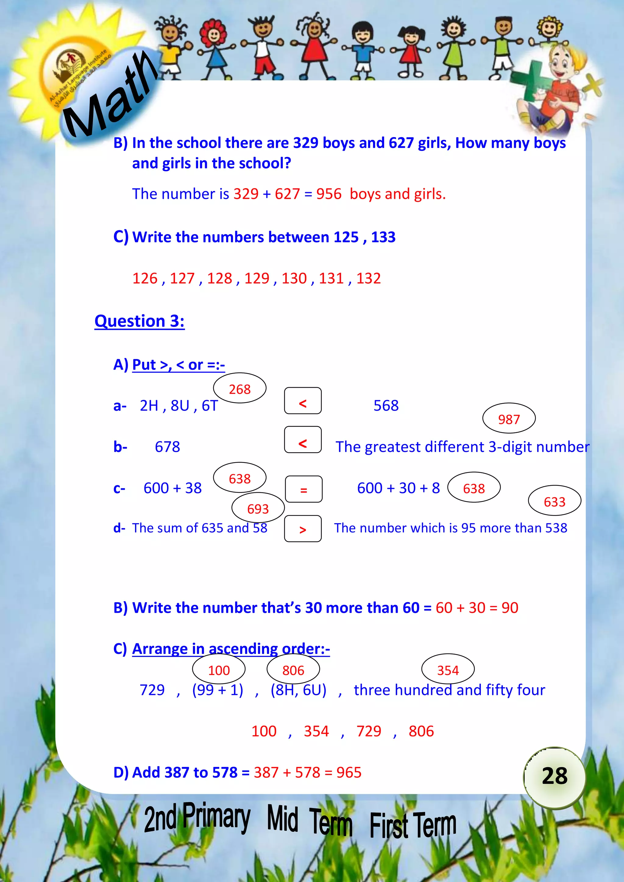 B) In the school there are 329 boys and 627 girls, How many boys 
28 
and girls in the school? 
The number is 329 + 627 = 956 boys and girls. 
C) Write the numbers between 125 , 133 
126 , 127 , 128 , 129 , 130 , 131 , 132 
Question 3: 
A) Put >, < or =:- 
< 
268 
a- 2H , 8U , 6T 568 
< 
b- 678 The greatest different 3-digit number 
c- 600 + 38 600 + 30 + 8 
= 
d- The sum of 635 and 58 The number which is 95 more than 538 
> 
B) Write the number that’s 30 more than 60 = 60 + 30 = 90 
C) Arrange in ascending order:- 
729 , (99 + 1) , (8H, 6U) , three hundred and fifty four 
100 , 354 , 729 , 806 
D) Add 387 to 578 = 387 + 578 = 965 
987 
638 
638 
693 633 
100 806 354 
 
