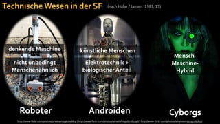 Technische Wesen in der SF                                                    (nach Hahn / Jansen 1983, 15)




 denkende Maschine                                     künstliche Menschen
                                                                                                                                     Mensch-
  nicht unbedingt                                         Elektrotechnik +                                                           Maschine-
  Menschenähnlich                                        biologischer Anteil                                                          Hybrid




    Roboter                                                    Androiden                                                           Cyborgs
   http://www.flickr.com/photos/jurvetson/498769883/ | http://www.flickr.com/photos/tensafefrogs/67281596/ | http://www.flickr.com/photos/lainyvoom/2445764855/
 