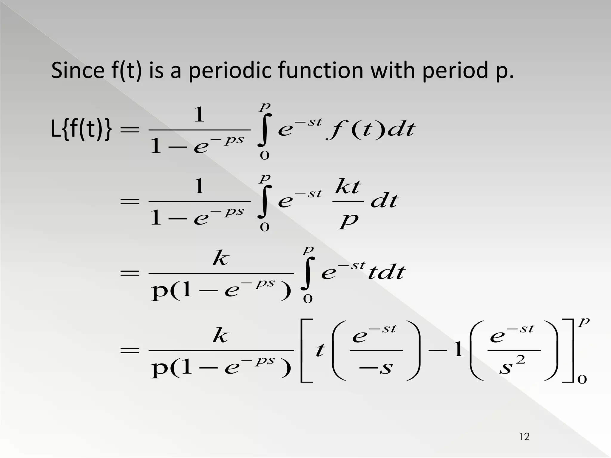 Since f(t) is a periodic function with period p. 
p 
 
0 
 
0 
 
 
0 
2 
0 
1 
( ) 
1 
1 
1 
p(1 ) 
1 
p(1 ) 
st 
ps 
p 
st 
ps 
p 
st 
ps 
p 
st st 
ps 
e f t dt 
e 
kt 
e dt 
e p 
k 
e tdt 
e 
k e e 
t 
e s s 
 
 
 
 
 
  
 
 
 
 
 
 
 
     
       
       
L{f(t)} 
12 
 