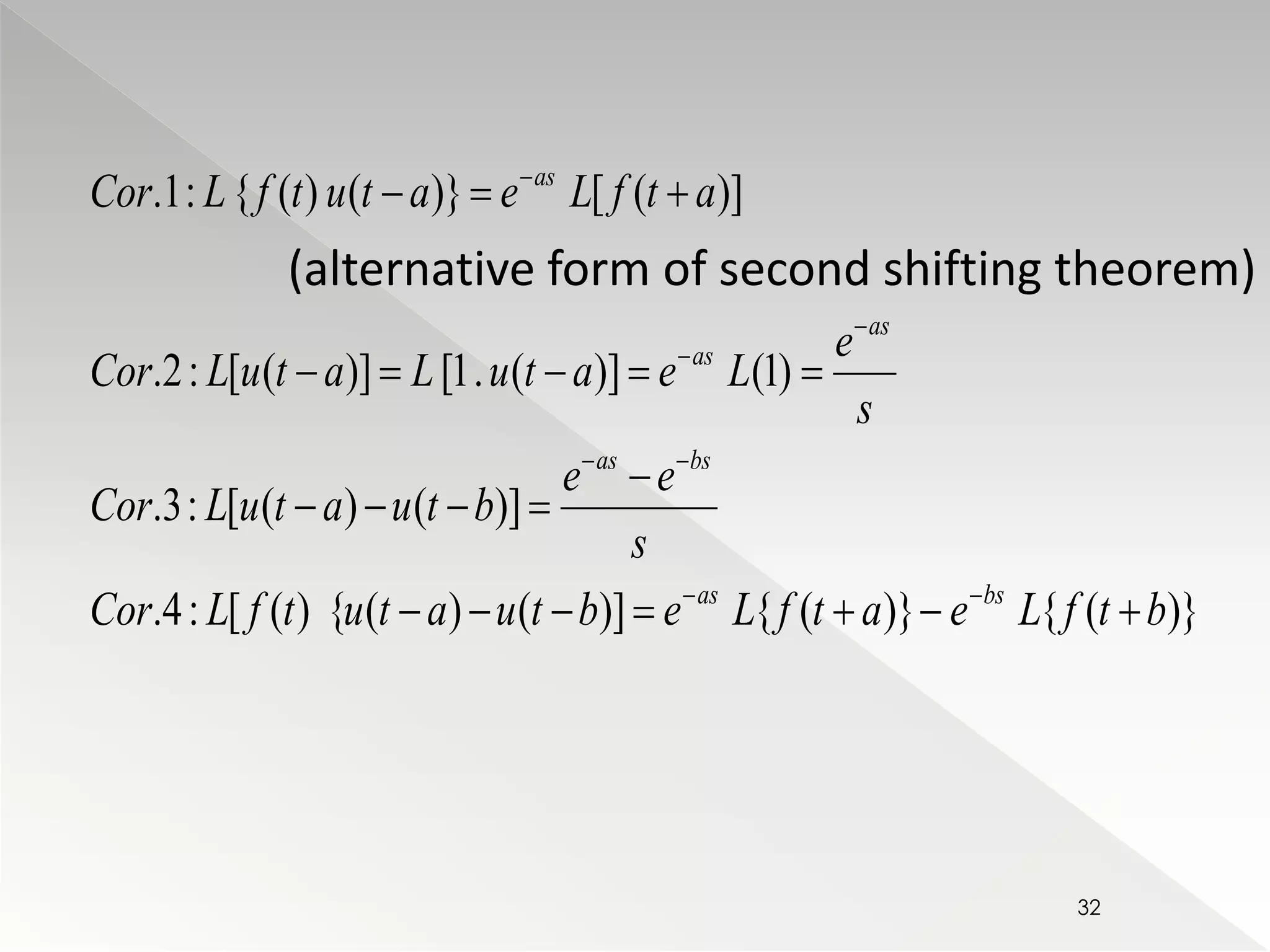 as 
 
Cor L f t u t a e L f t a 
.1: { ( ) ( )} [ ( )] 
(alternative form of second shifting theorem) 
as 
   
 
Cor L u t a L u t a e L 
.2 : [ ( )] [1. ( )] (1) 
     
Cor L u t a u t b 
.3 : [ ( ) ( )] 
as 
as bs 
e 
 
s 
  
e e 
as bs 
 
s 
  
    
Cor L f t u t a u t b e L f t a e L f t b 
.4 : [ ( ) { (  )  (  )]  { (  )}  { (  
)} 
32 
 