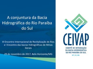 III Encontro Internacional de Revitalização de Rios
e I Encontro das bacias hidrográficas de Minas
Gerais
29 de novembro de 2017, Belo Horizonte/MG
A conjuntura da Bacia
Hidrográfica do Rio Paraíba
do Sul
 